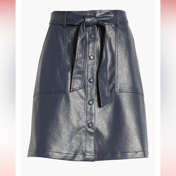 FRNCH Emilou Faux Leather Button Up Belted Skirt. Size M. Navy Blue. High Waist. - Picture 5 of 12
